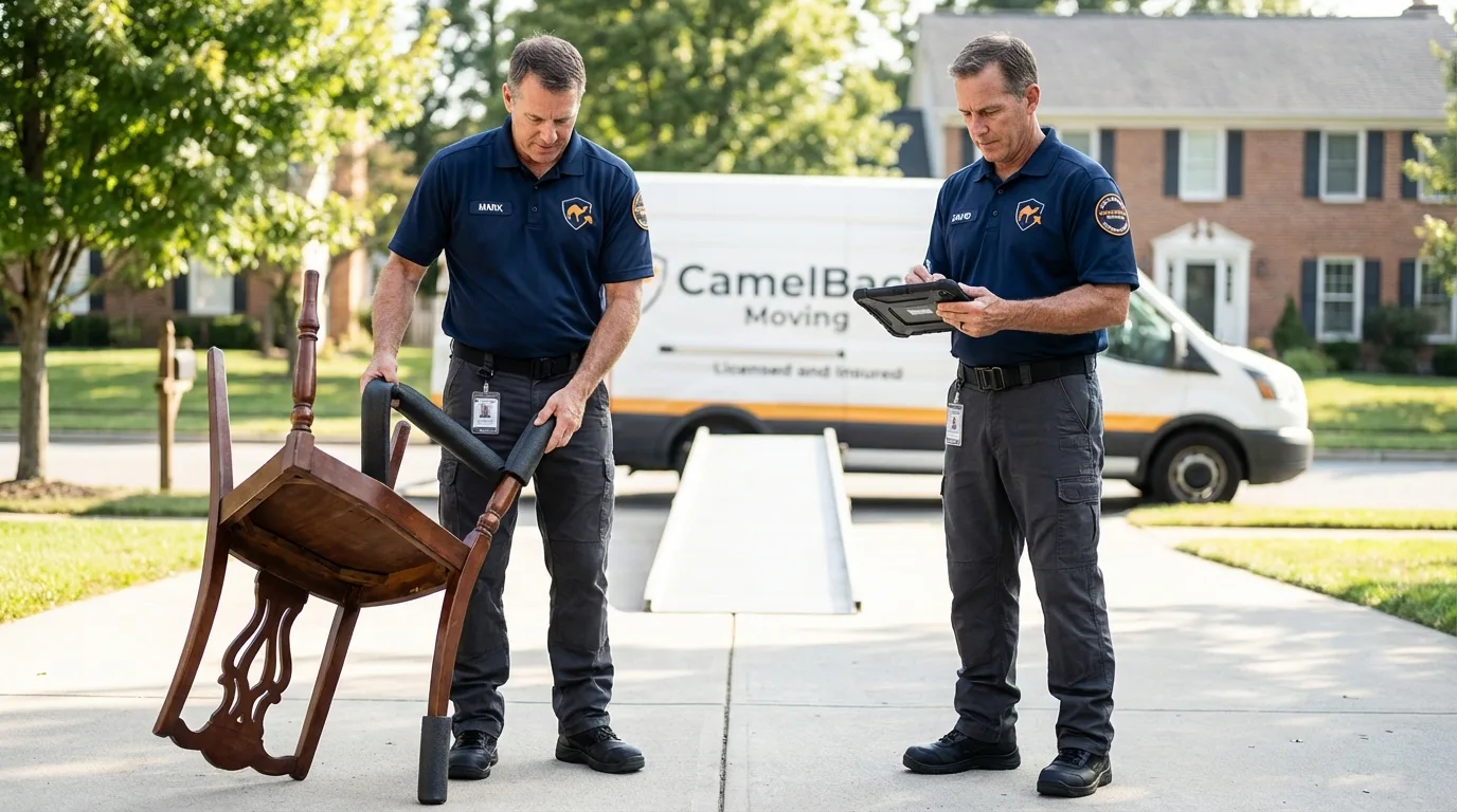 Movers inspecting furniture for damage prevention before loading in Veradale, WA