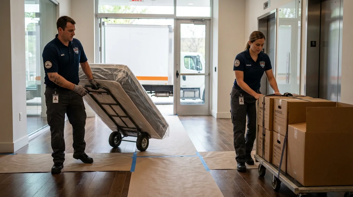 Professional apartment movers loading elevator in Veradale, WA