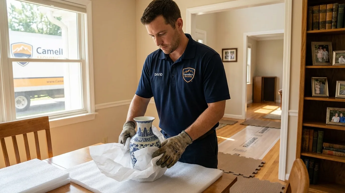 Professional crew carefully wrapping antique vase for senior downsizing move in Veradale, WA